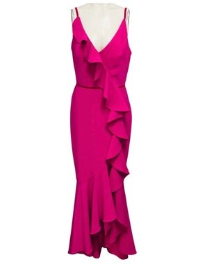 MARCHESA NOTTE FUCHSIA PINK RUFFLED SLEEVELESS V-NECK CREPE GOWN / FORMAL DRESS